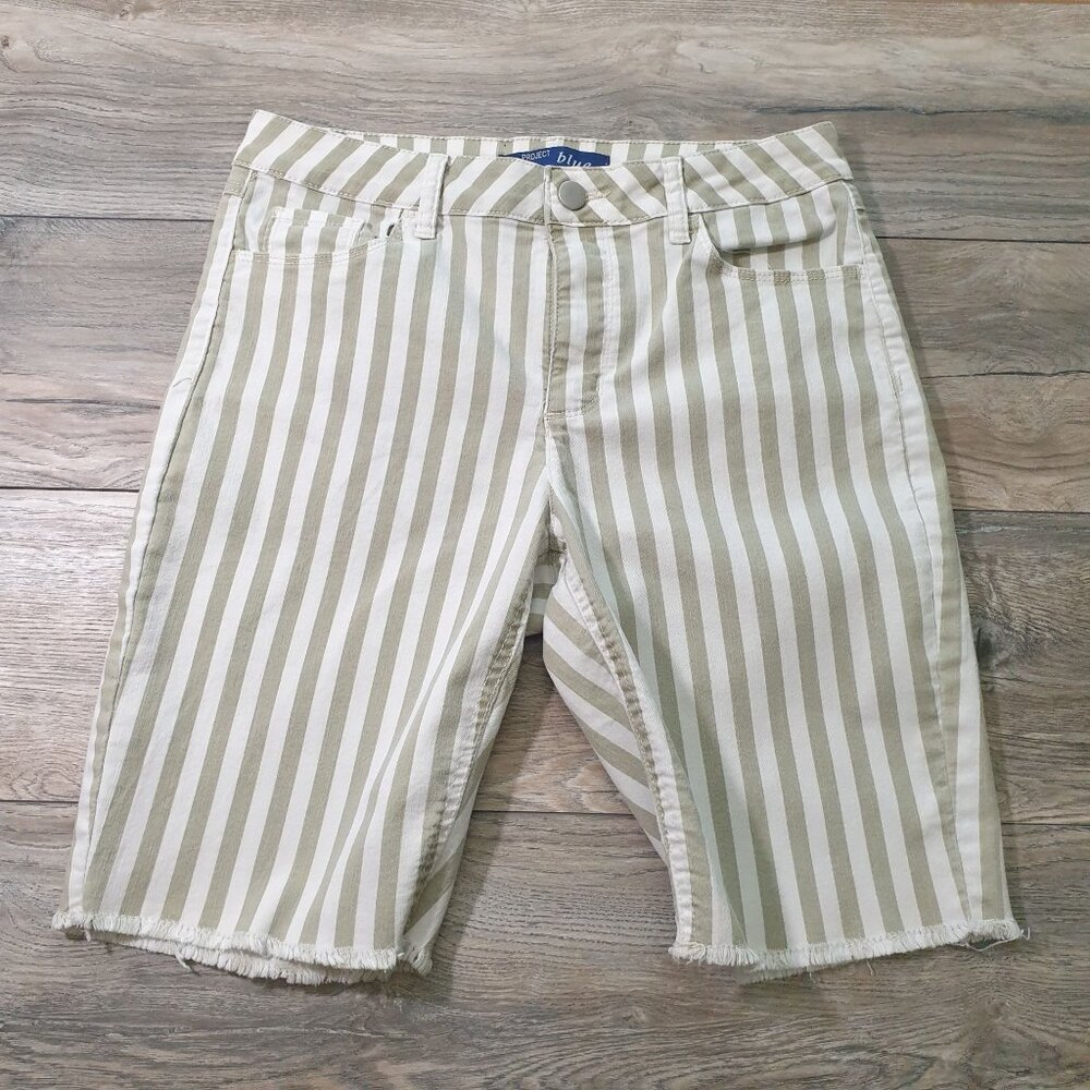 Women Striped Bermuda Shorts Size 10 Project Blue Cotton Blend Frayed Hem Fit